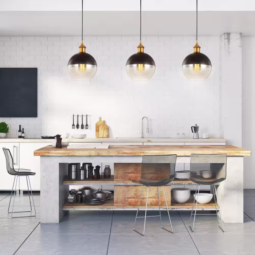 JONATHAN Y Nixon 7.5 in. 1-Light Brass Gold/Black Adjustable Drop Globe Metal/Glass LED Pendant