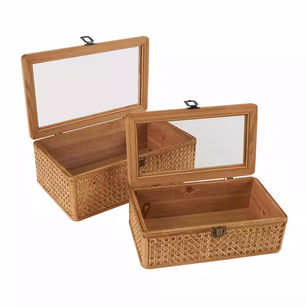 Litton Lane Square Rattan Handmade Woven Rattan Box with Glass Tops and Bronze Latches (Set of 2)