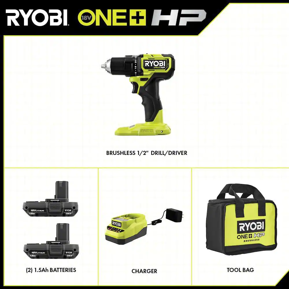 RYOBI ONE+ HP 18V Brushless Cordless Compact 1/2 in. Drill/Driver Kit with (2) 1.5 Ah Batteries, Charger and Bag