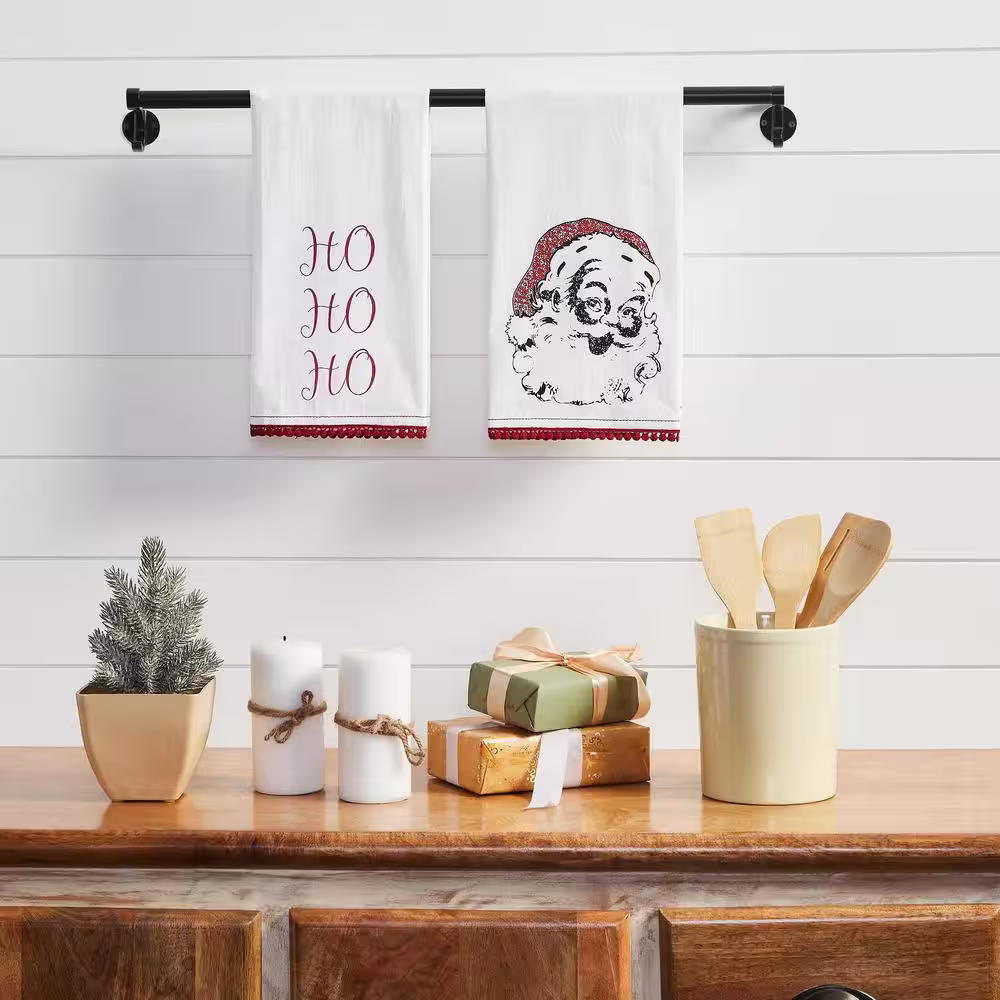 VHC BRANDS Kringle Chenille Red White Seasonal Ho Santa Cotton Muslin Kitchen Tea Towel Set (Set of 2)