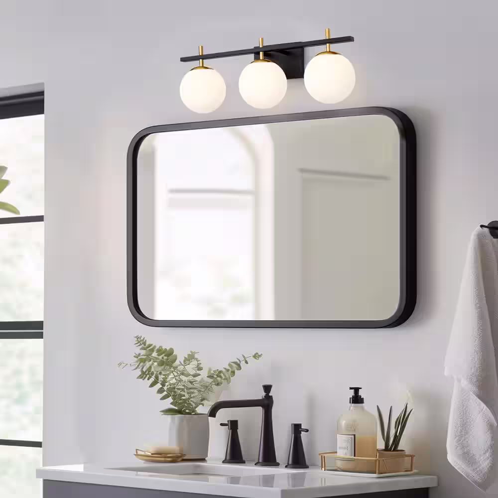 None 24 in. 3-Light Black Bathroom Vanity Light with Globe Shades