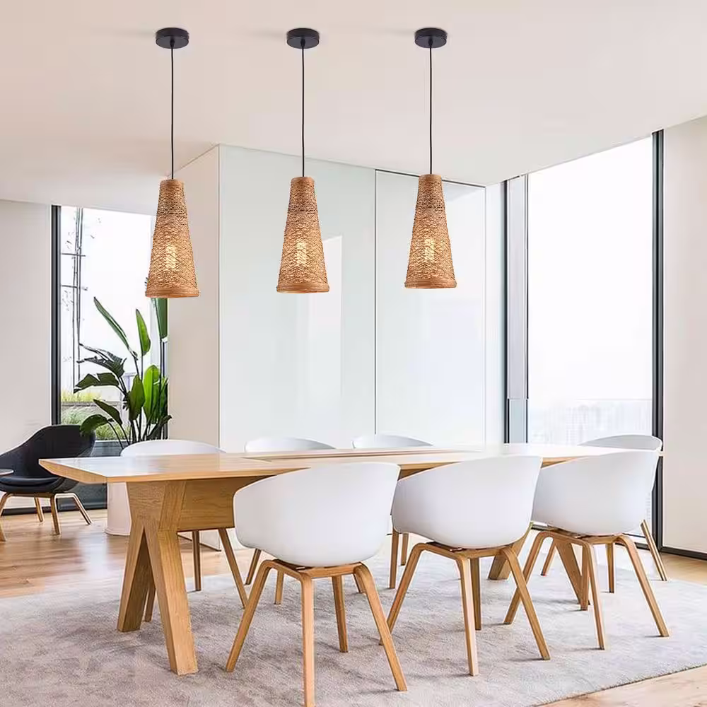 None 3-Piece 5.9 in. 1-Light Modern Brown Island Mini Pendant Light Adjustable Height with Hand Woven Rattan Shade