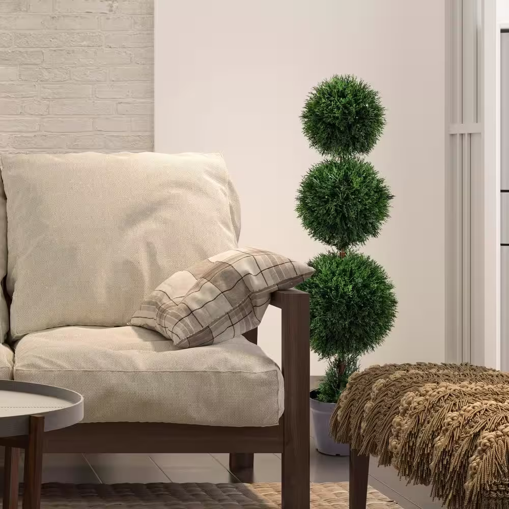 Vickerman 4 ft. Green Artificial Triple Ball Cedar Plant in Pot