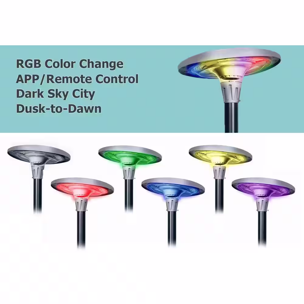 eLEDing Solar Dark Gray 20W RGB LED UFO Post Path Light APP/Remote Control Commercial Residential Walkway Parking Lot