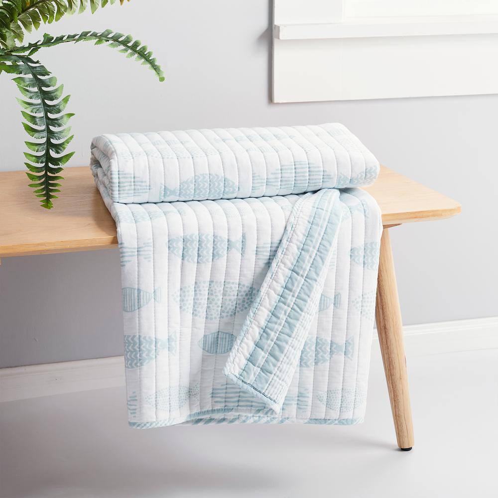 None Aqua Breeze Blue, White Coastal Stripe Quilted Cotton Throw Blanket
