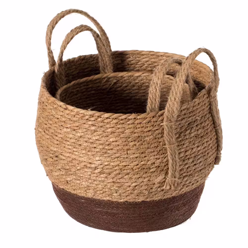 Vintiquewise Straw Decorative Round Brown Storage Basket Set of 2 with Woven Handles for the Playroom, Bedroom, and Living Room