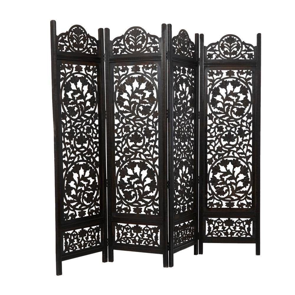 Litton Lane 6 ft. Black 4 Panel Floral Handmade Hinged Foldable Partition Room Divider Screen with Intricately Carved Designs