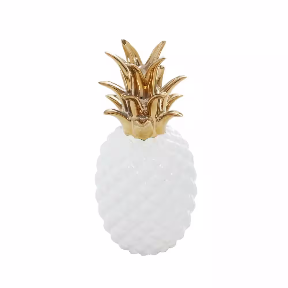 CosmoLiving by Cosmopolitan White Porcelain Pineapple Fruit Sculpture with Gold Leaves