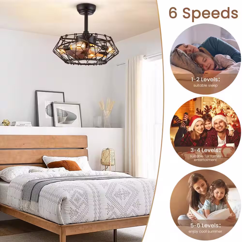 None 20 in. 4-Light Indoor Industrial Black Caged Ceiling Fan with Light Kit Small Enclosed Bedroom Ceiling Fan with Remote