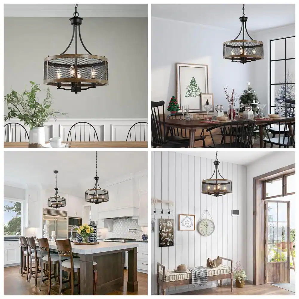 LALUZ Black Drum Chandelier 4-Light Candlestick Dark Brown Farmhouse Round Pendant with Open Cage Frame and Wood Accent