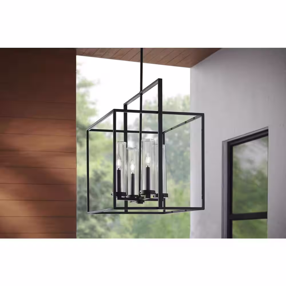 Home Decorators Collection Haven View Modern 4-Light Black Double Frame Outdoor Chandelier with Clear Glass