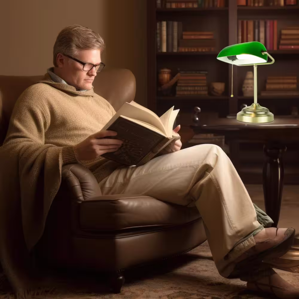 Newhouse Lighting 14.5 in. Morgan Banker Desk Lamp, Antique Green Table Lamp for Office, Energy-Saving Desk Light for Home Improvement