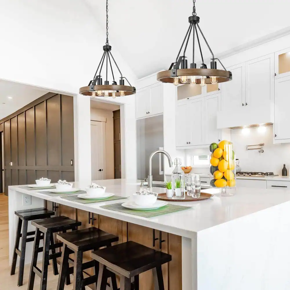 LNC Brown Round Chandelier, Rustic 5-Light Wagon Wheel Black Chandelier Farmhouse Island Pendant Light with Wood Accents