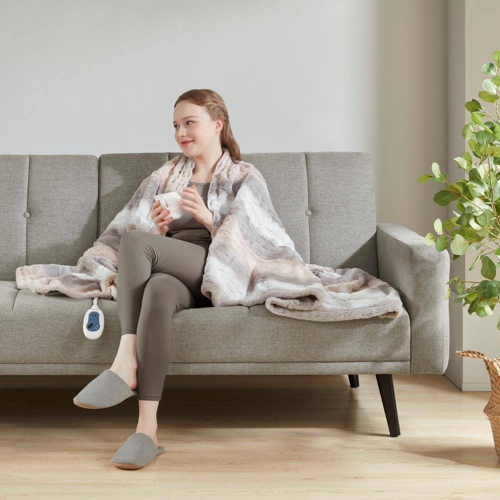 Beautyrest Marselle Blush/Grey 50 in. x 70 in. Oversized Faux Fur Heated Throw