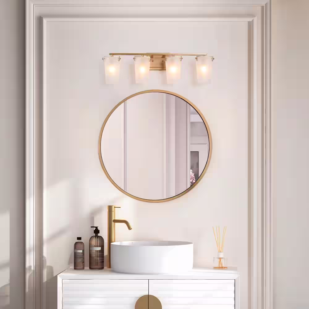 Uolfin 28 in. Modern Farmhouse Bathroom Vanity Light, 4-Light Contemporary Gold Wall Sconces with Bell Frosted Glass Shades