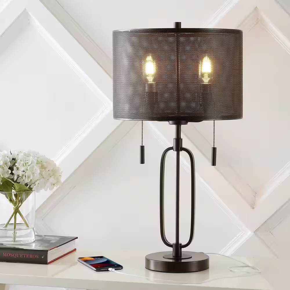 JONATHAN Y Hank 27 in. Oil Rubbed Bronze 2-Light Industrial Farmhouse Iron LED Table Lamp with USB Charging Port