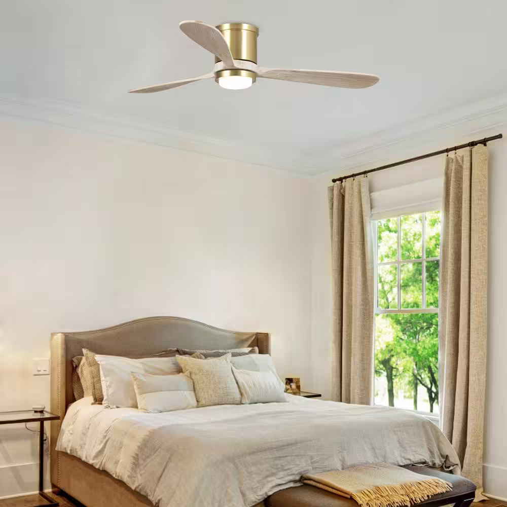Parrot Uncle 52 in. Integrated LED Sand Gold Flush Mount Smart Ceiling Fan with Remote, Works with Alexa & Google Home