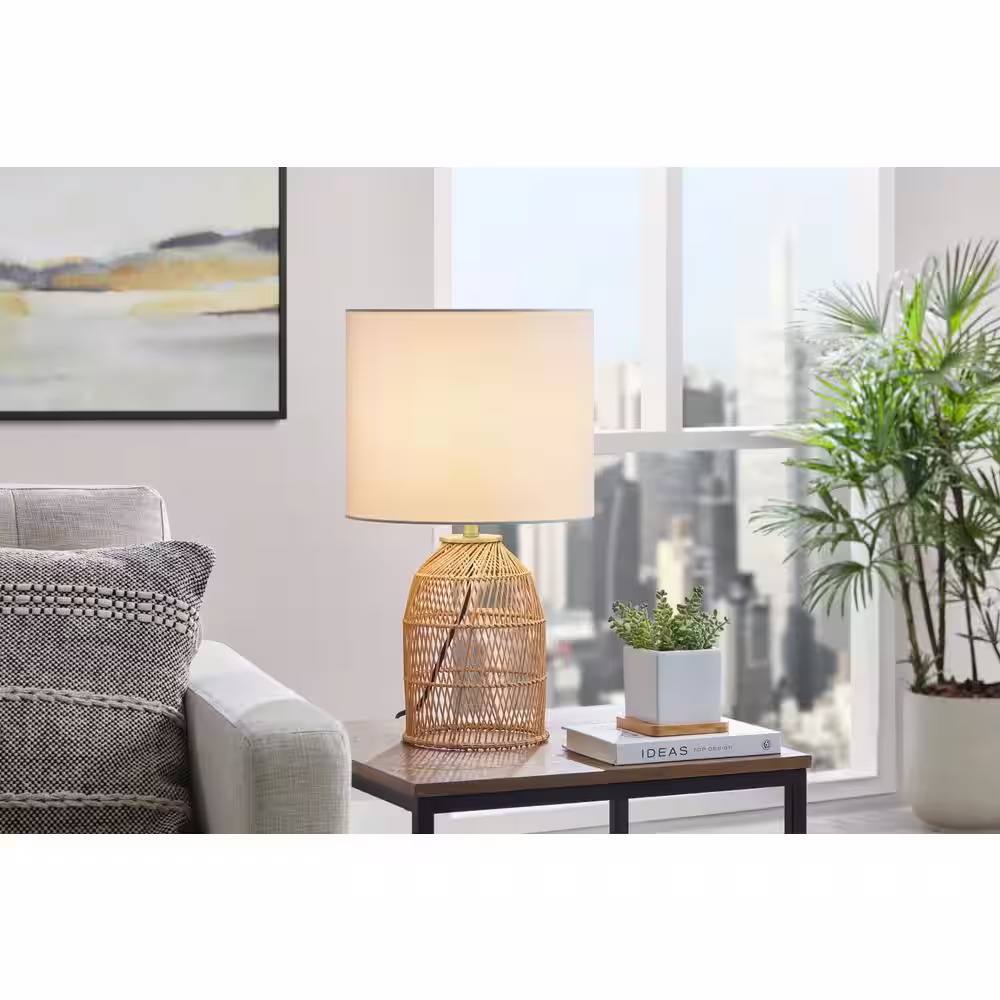 Hampton Bay Tallaran 21 in. Rattan Table Lamp with White Fabric Shade
