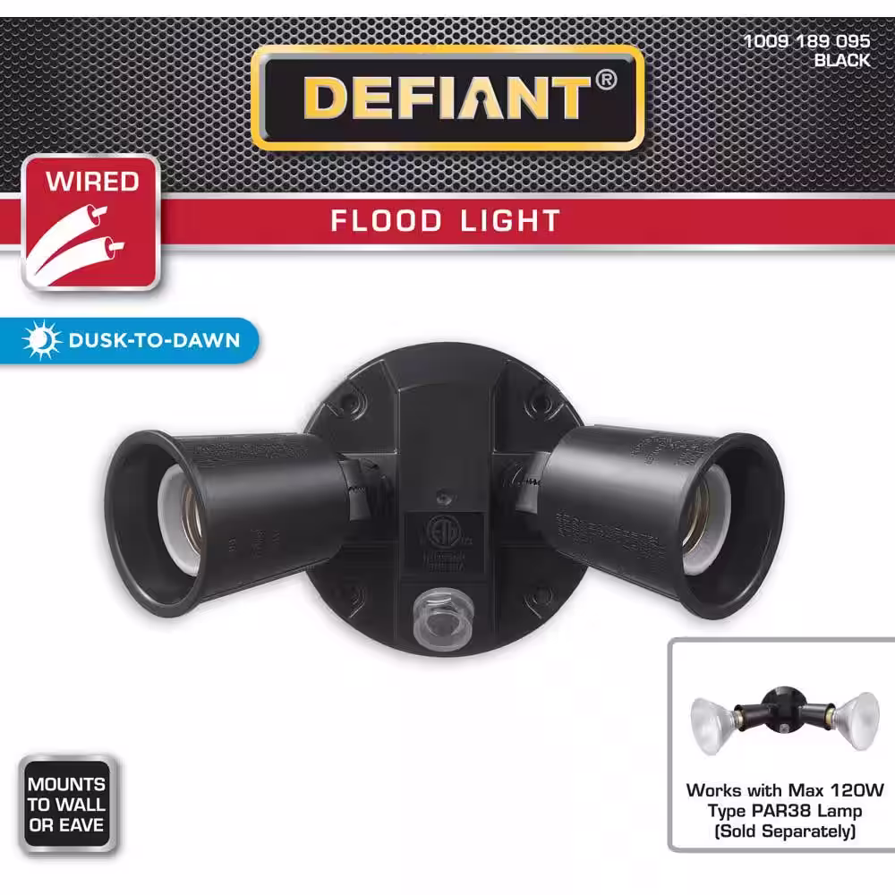 Defiant PAR Black Dusk-to-Dawn Activated Wired Outdoor 2-Head Security Flood Light