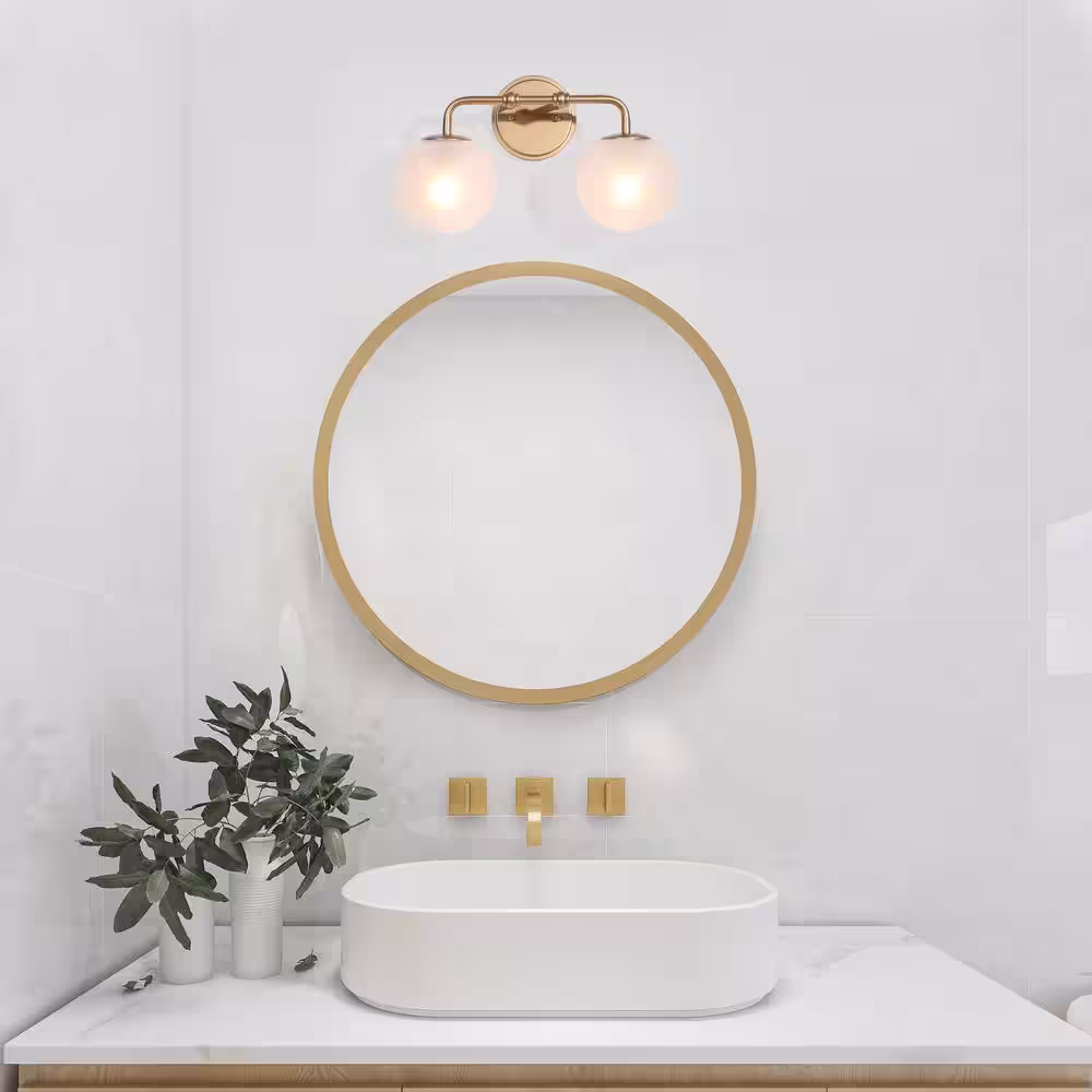 Uolfin Mid-Century Modern Globe Bathroom Wall Sconce 2-Light Brass Gold Round Coastal Wall Light with Frosted Glass Shades