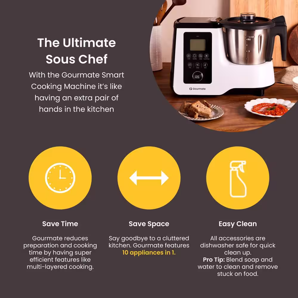 Gourmate 2.3 qt. White Electric All-in-1 Smart Multi-Cooker 10+ Cooking Functions, Built-in Scale, Guided Recipes, APP Control