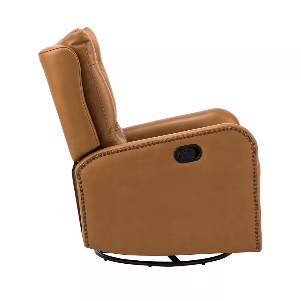JAYDEN CREATION Herbert Camel Genuine Leather Manual Swivel Recliner Nursery Chair with Nailhead Trims