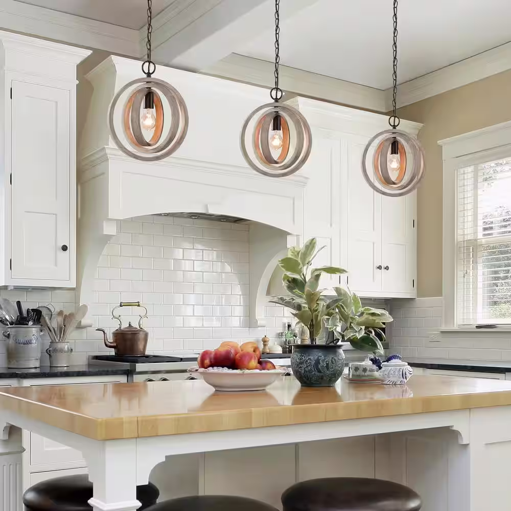 LNC Farmhouse Distressed White Wood Chandelier 1-Light Rustic Island Round Pendant Light for Kitchen Living Room