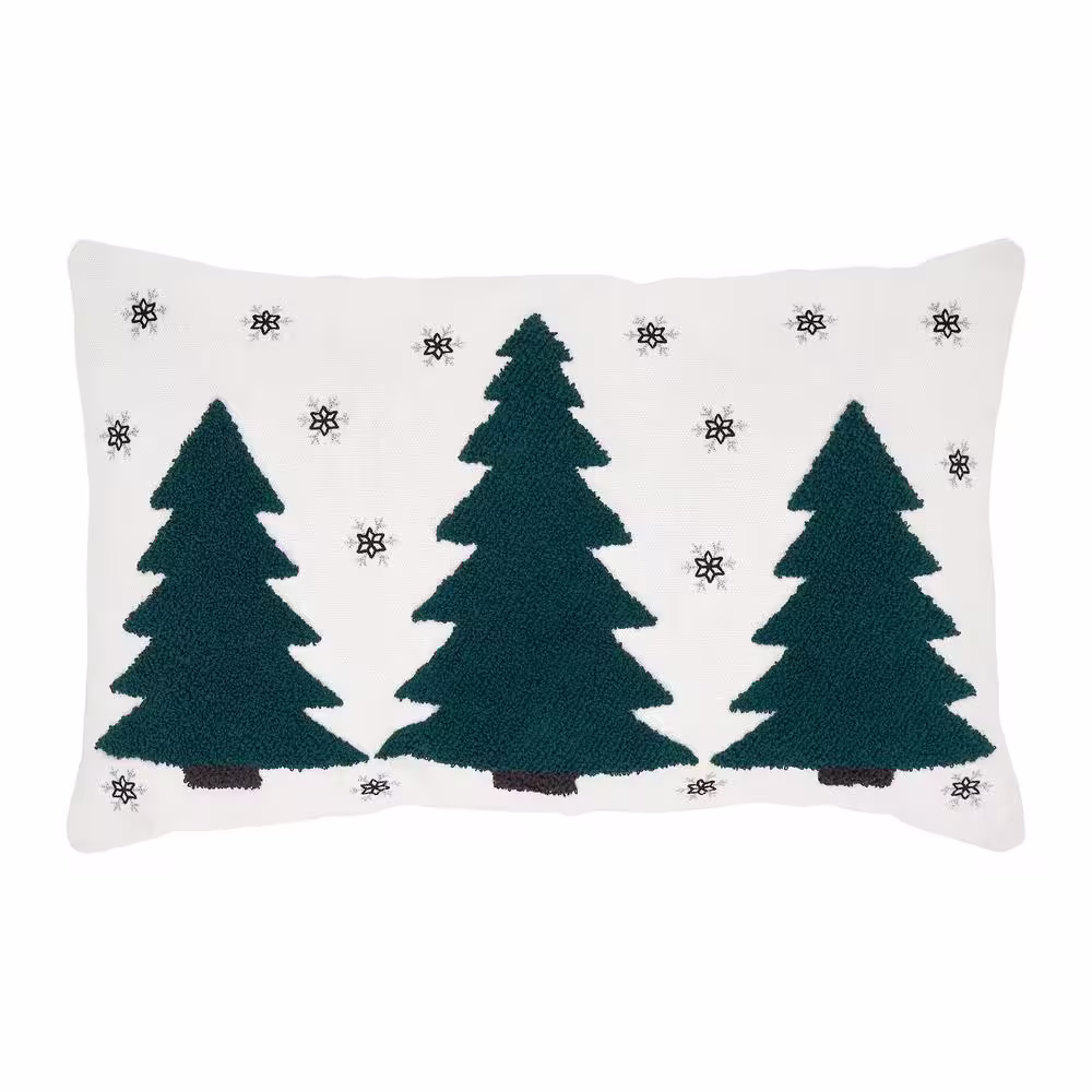 VHC BRANDS Pine Grove Plaid Green Soft White Black Christmas Embroidered Trees 14 in x 22 in Throw Pillow