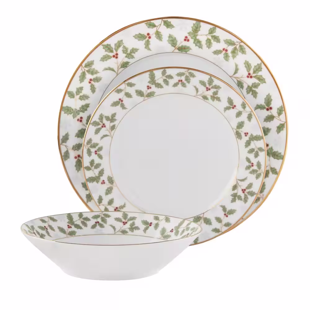 Noritake Holly and Berry Gold White Porcelain 12-Piece Dinnerware set (Service for 4)