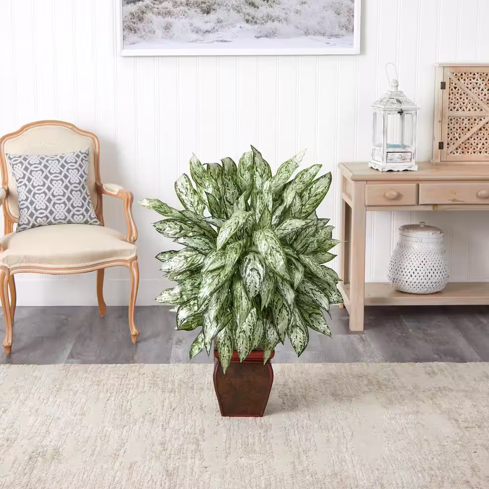 Nearly Natural 38 in. Artificial H Green Silver Queen with Decorative Planter Silk Plant