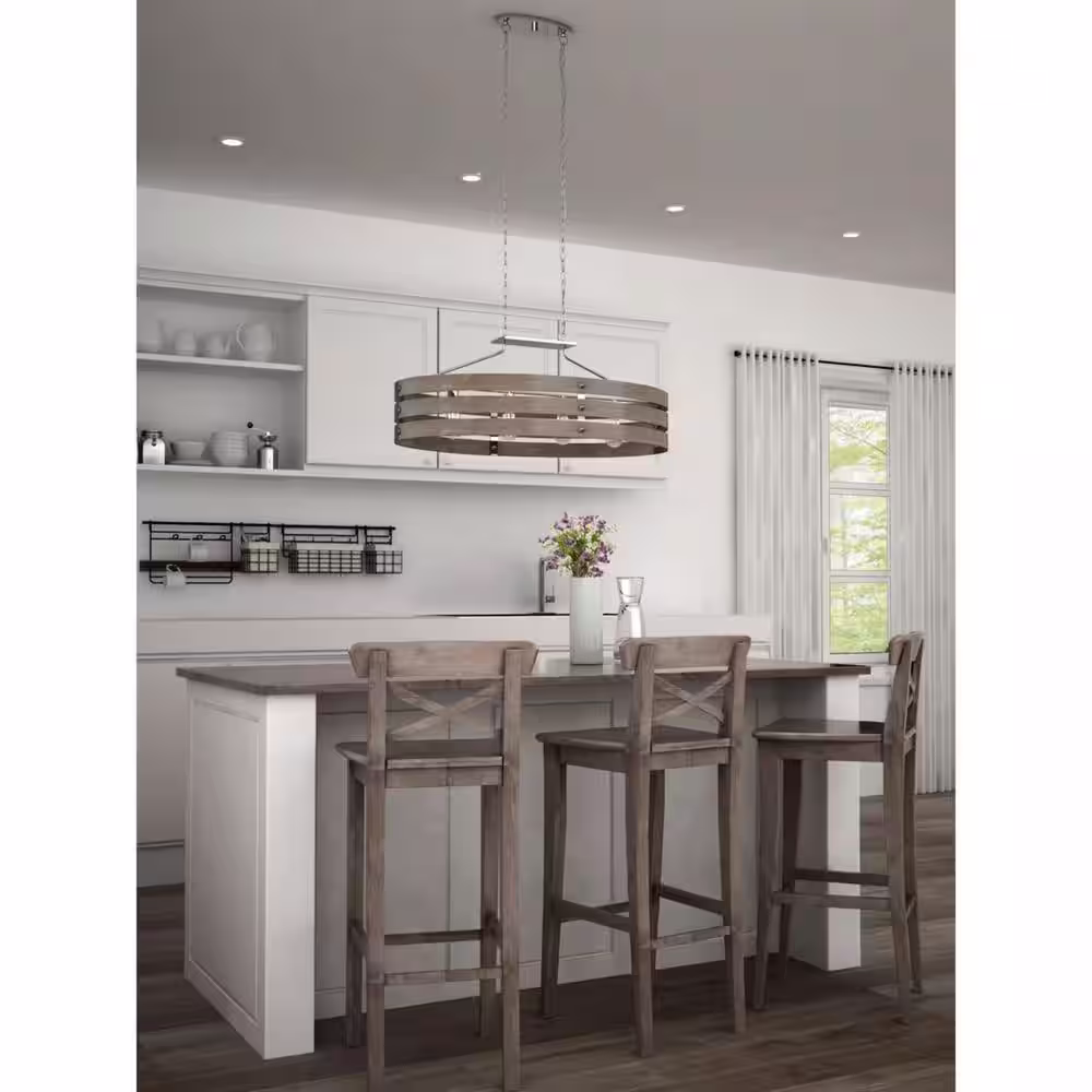 Progress Lighting Gulliver 38.5 in. 4-Light Brushed Nickel Island Chandelier with Weathered Gray Wood Accents