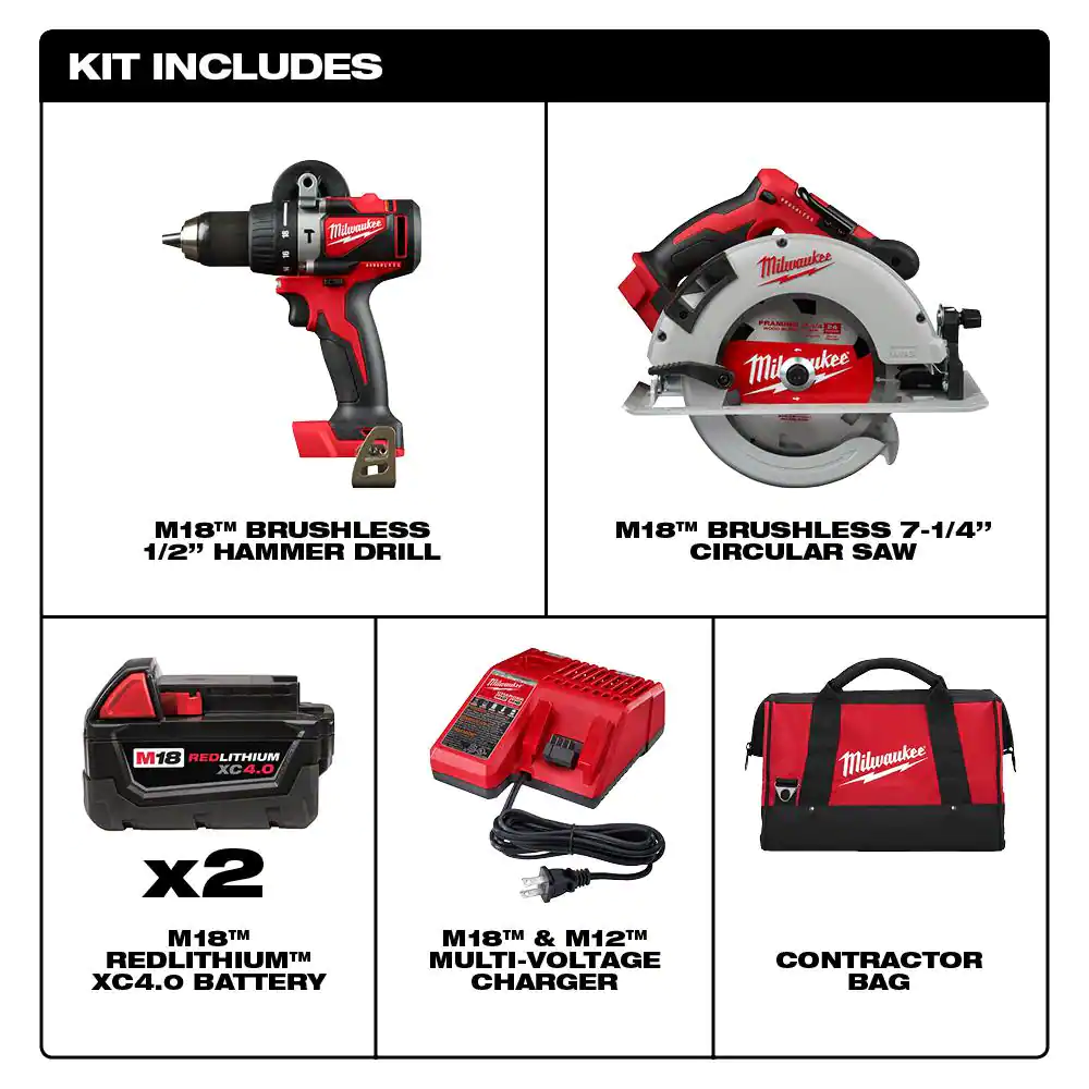 Milwaukee M18 18V Lithium-Ion Brushless Cordless Hammer Drill and Circular Saw Combo Kit (2-Tool) with Two 4.0 Ah Batteries