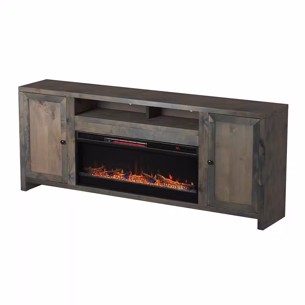 Bridgevine Home 84 in. Fully Assembled Barnwood TV Stand with Electric Fireplace, Fits TV's up to 85 in