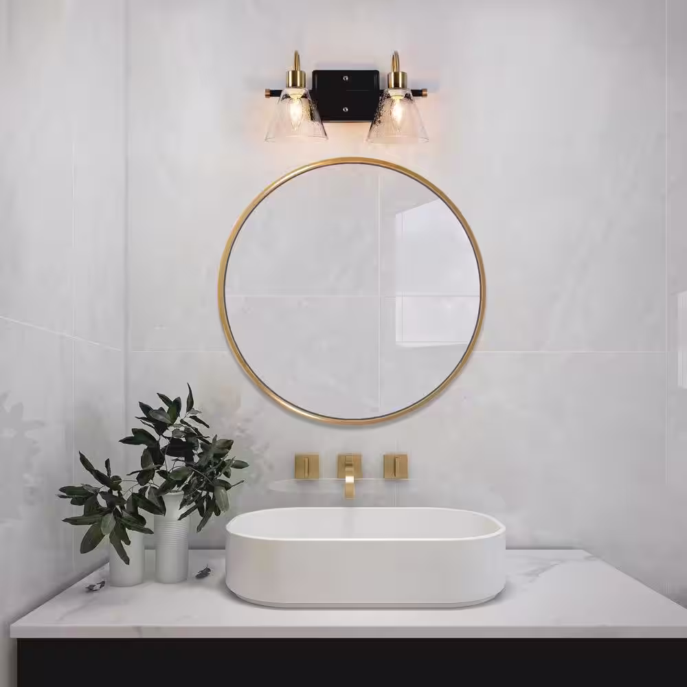 Uolfin Transitional Cone Bathroom Vanity Light 2-Light Modern Black and Brass Wall Sconce with Seeded Glass Shades