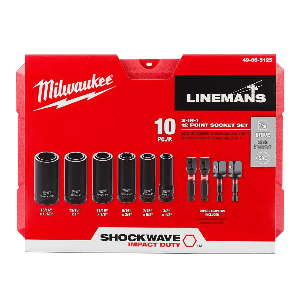 Milwaukee SHOCKWAVE Impact Duty Lineman's 1/2 in. Drive 2-in-1 12-Point Socket Set (10-Piece)