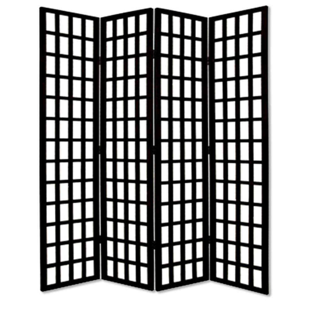 Benjara Black 4-Panel Wooden Foldable Window Pane Screen with Grid Design