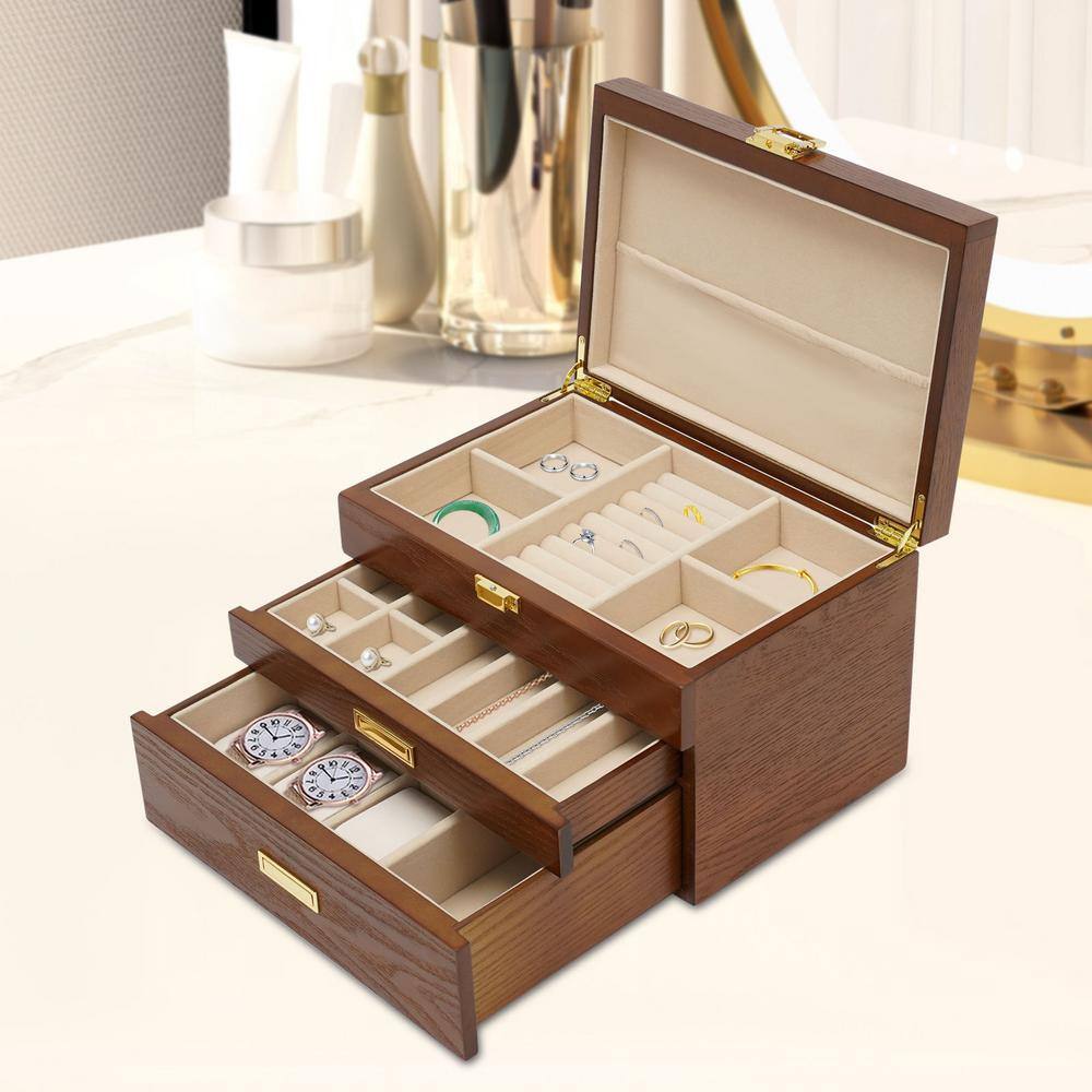 None 11 in. x 7.1 in. Brown 3-Layer Jewelry Organizer Box for Storage Earrings Rings Necklace Bracelet