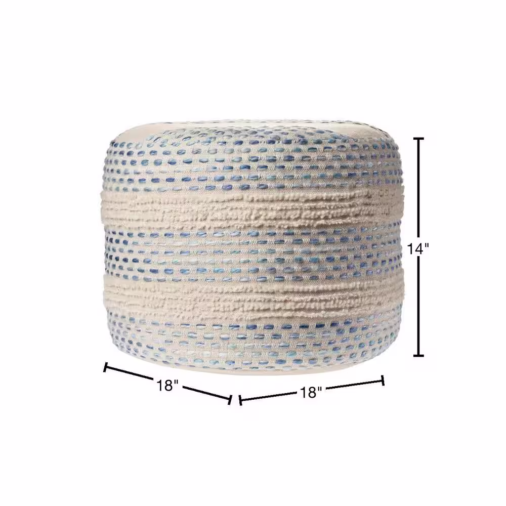 LR Home Nora Blue/Cream Striped Hand-Woven Cotton Blend Ottoman Pouf