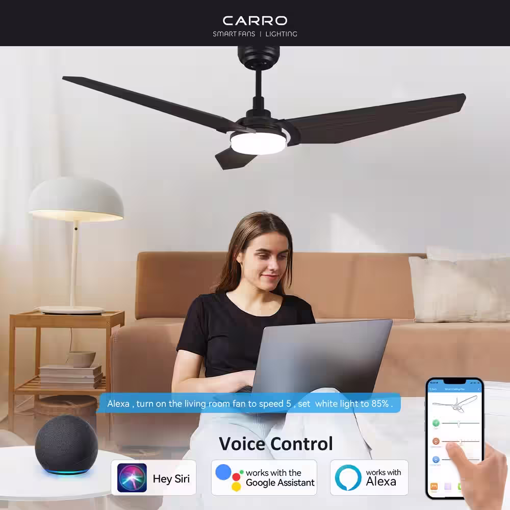 CARRO Brently 56 in. Dimmable LED Indoor/Outdoor Black Smart Ceiling Fan with Light and Remote, Works with Alexa/Google Home