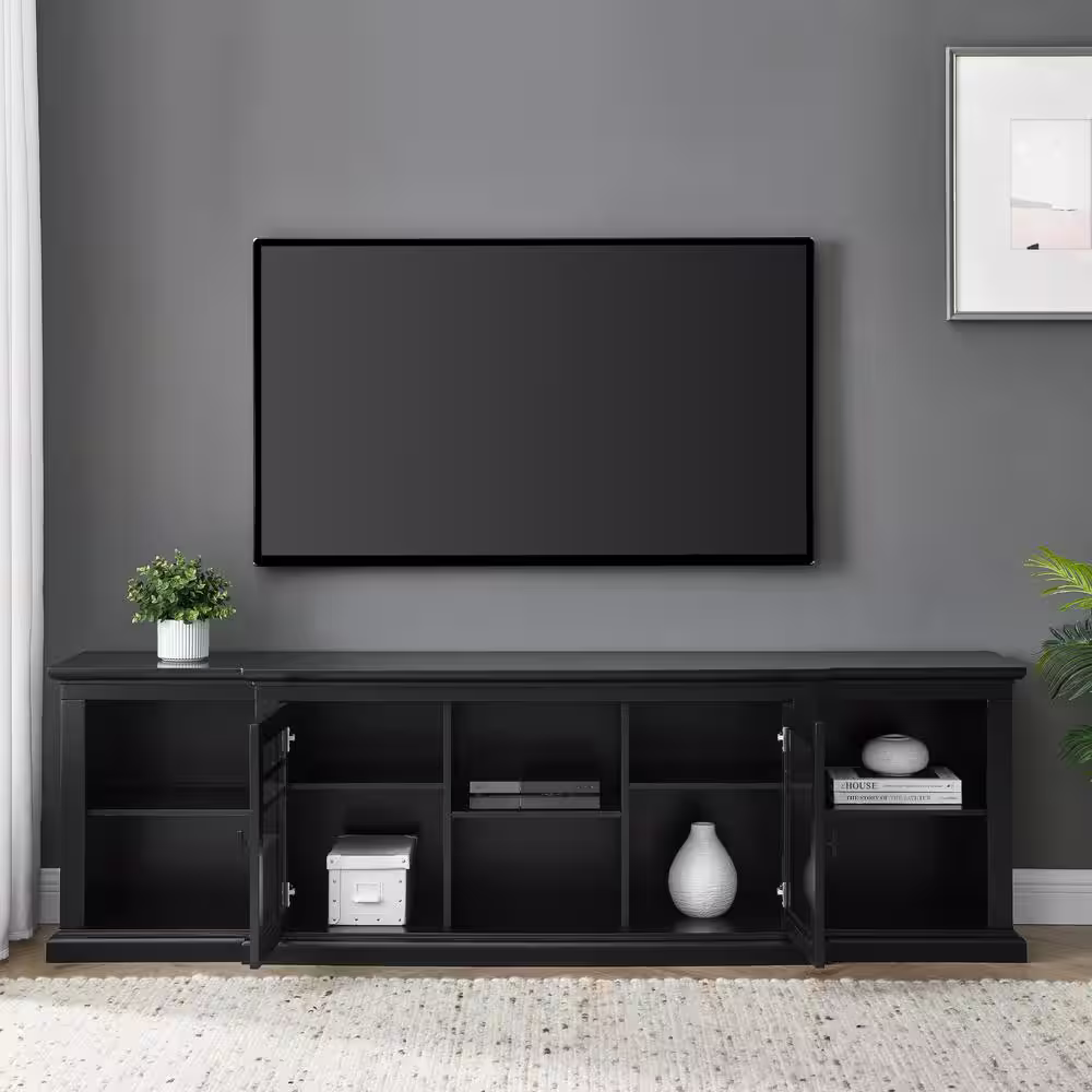 Welwick Designs 80 in. Black Transitional Wood and Glass-Door TV Stand with Cable Management (Max tv size 88 in.)