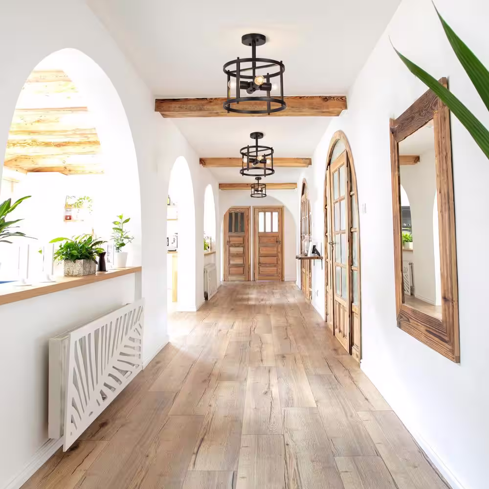 LNC Black Semi Flush Mount Rustic 4-Light Drum Farmhouse Ceiling Lights Bronze Bedroom Ceiling Light Fixtures