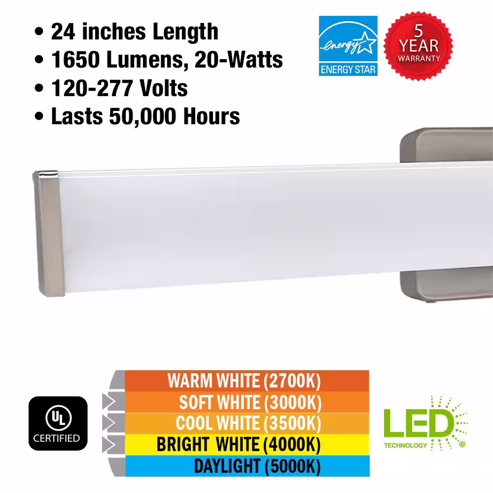 Hampton Bay Grantham 24 in. Brushed Nickel LED Vanity Light Bar Bathroom Lighting 120-277v Adjust Color Temperatures