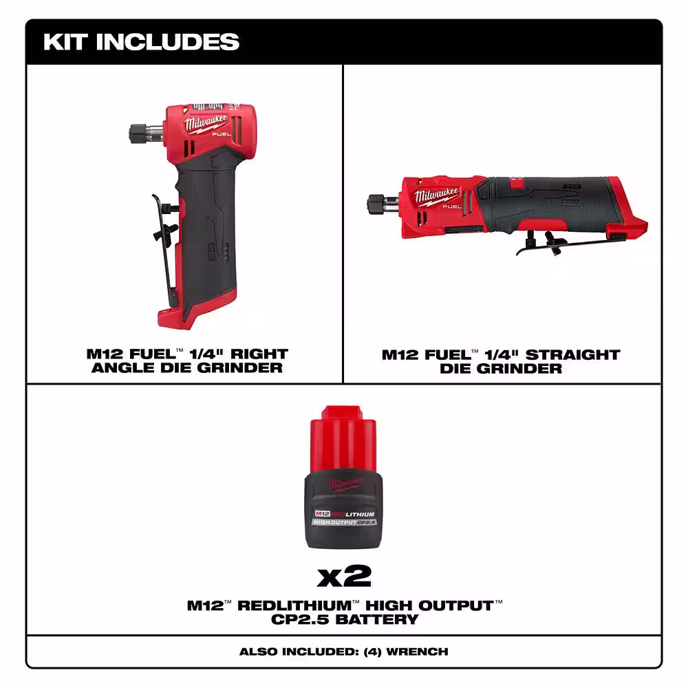 Milwaukee M12 FUEL 12V Lithium-Ion Brushless Cordless 1/4 in. Right & 1/4 in. Straight Die Grinders w/(2) M12 CP 2.5 Ah Batteries