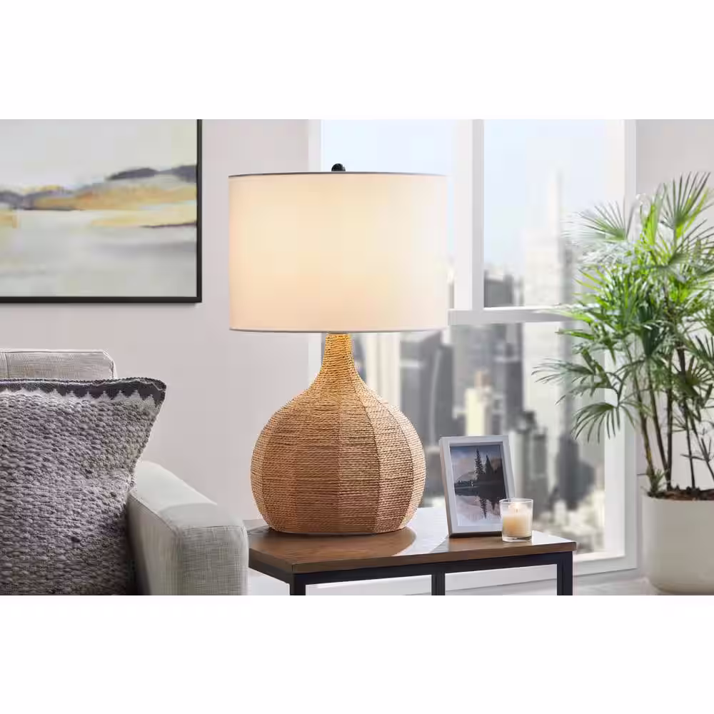 Hampton Bay Bridleridge 25 in. Rattan Table Lamp with White Fabric Shade