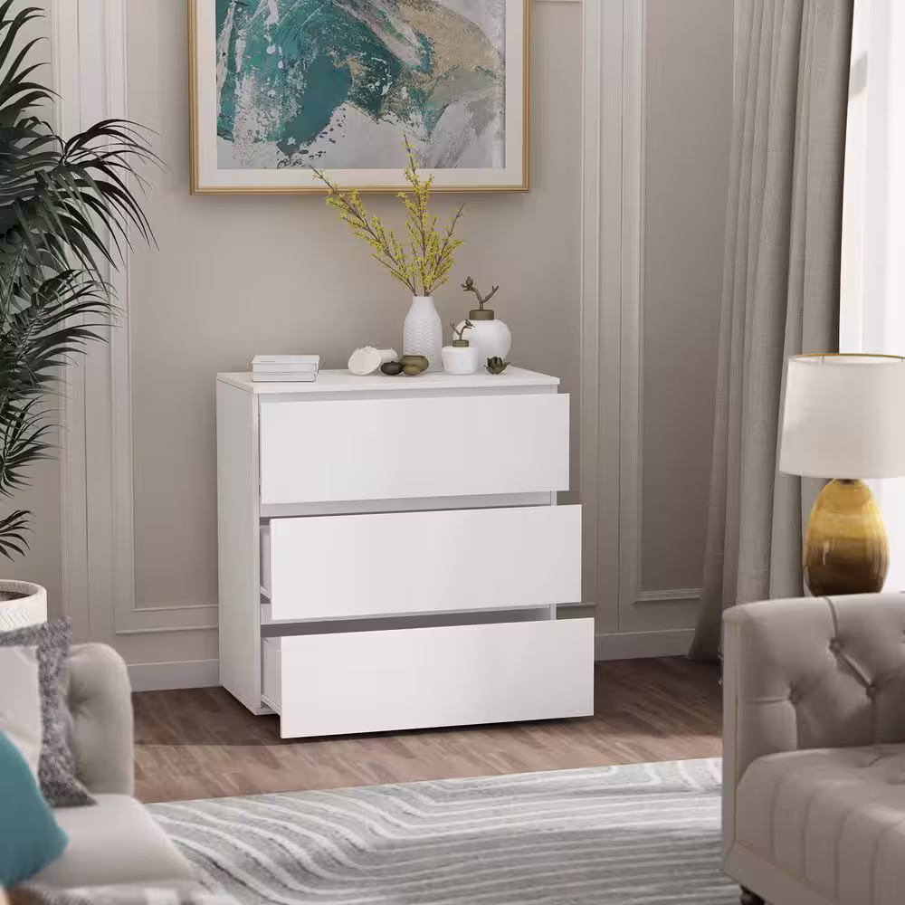 None 3-Drawer White Wood Nightstand End Table 30.3 in. W x 32.3 in. H x 15.7 in. D