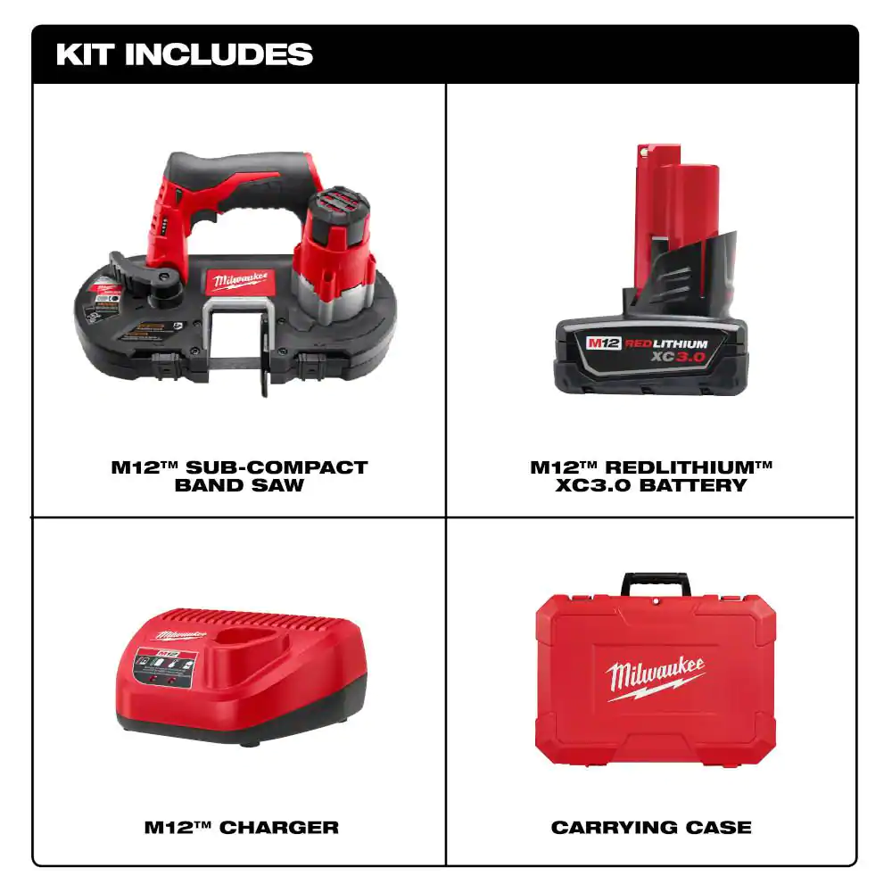 Milwaukee M12 12V Lithium-Ion Cordless Sub-Compact Band Saw XC Kit with One 3.0h Battery, Charger and Hard Case