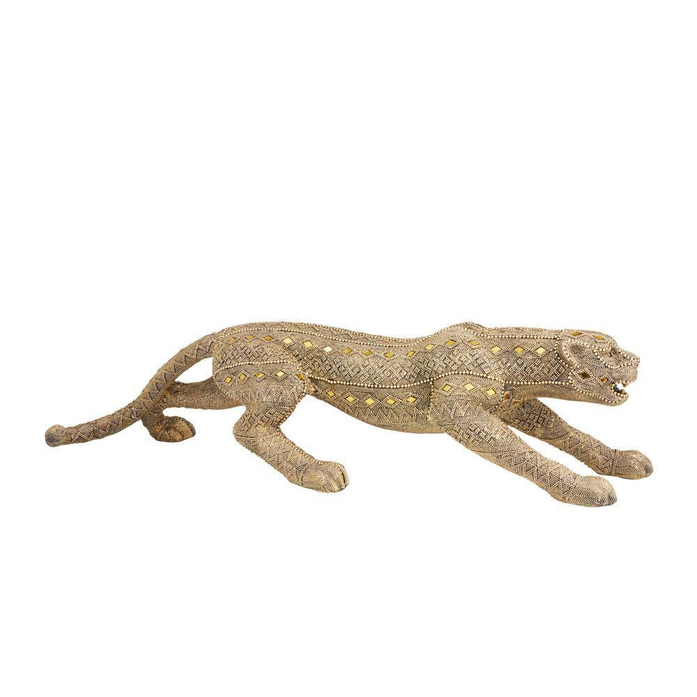 Litton Lane Gold Polystone Carved Encrusted Beading Leopard Sculpture with Diamond Shaped Mirrored Accent
