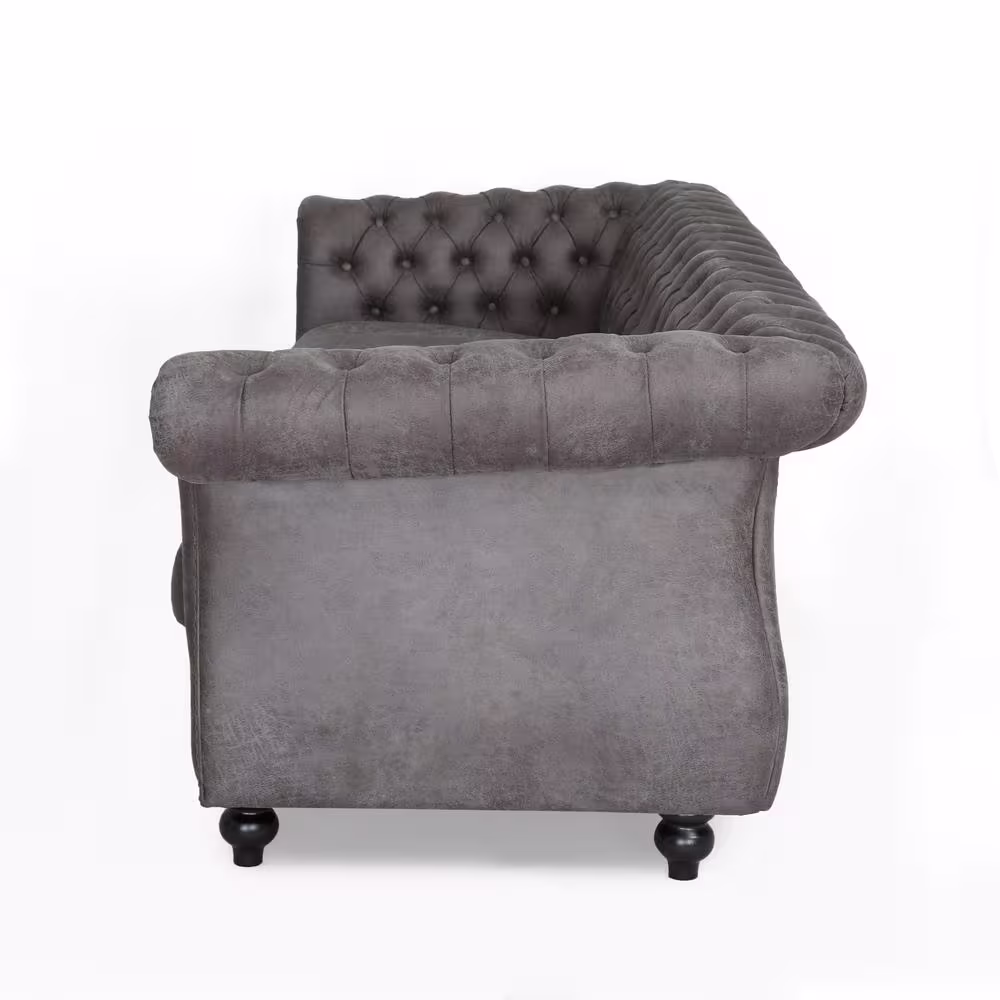 Noble House Somerville 84.5 in. Slate Solid Microfiber 3-Seats Cheserfield Sofa with Removable Cushions