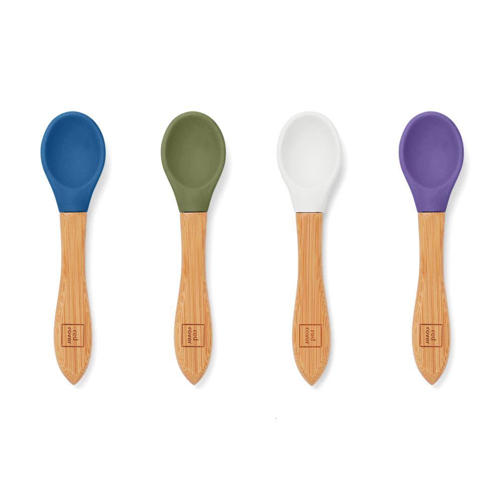 None Kids Silicone Spoons with Bamboo Handle, Assorted Colors, White, Blue, Purple, Green (Set of 4)