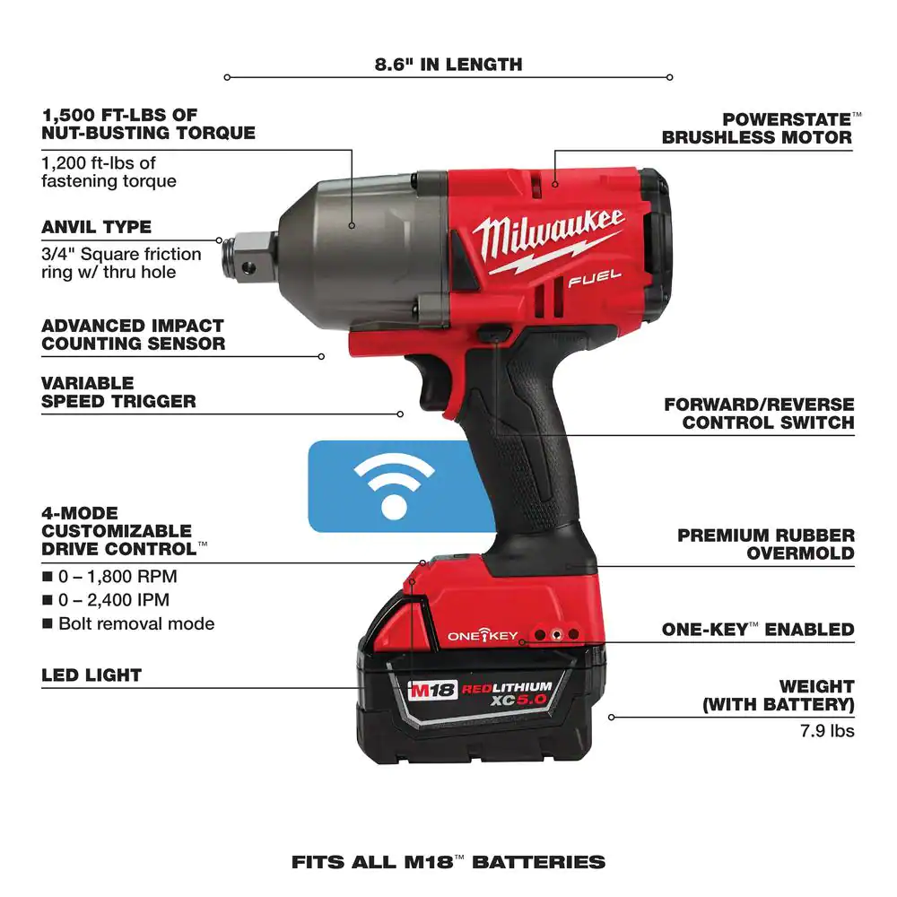 Milwaukee M18 FUEL ONE-KEY 18V Lithium-Ion Brushless Cordless 3/4 in. Impact Wrench w/ Friction Ring & M18 5.0 Ah Battery